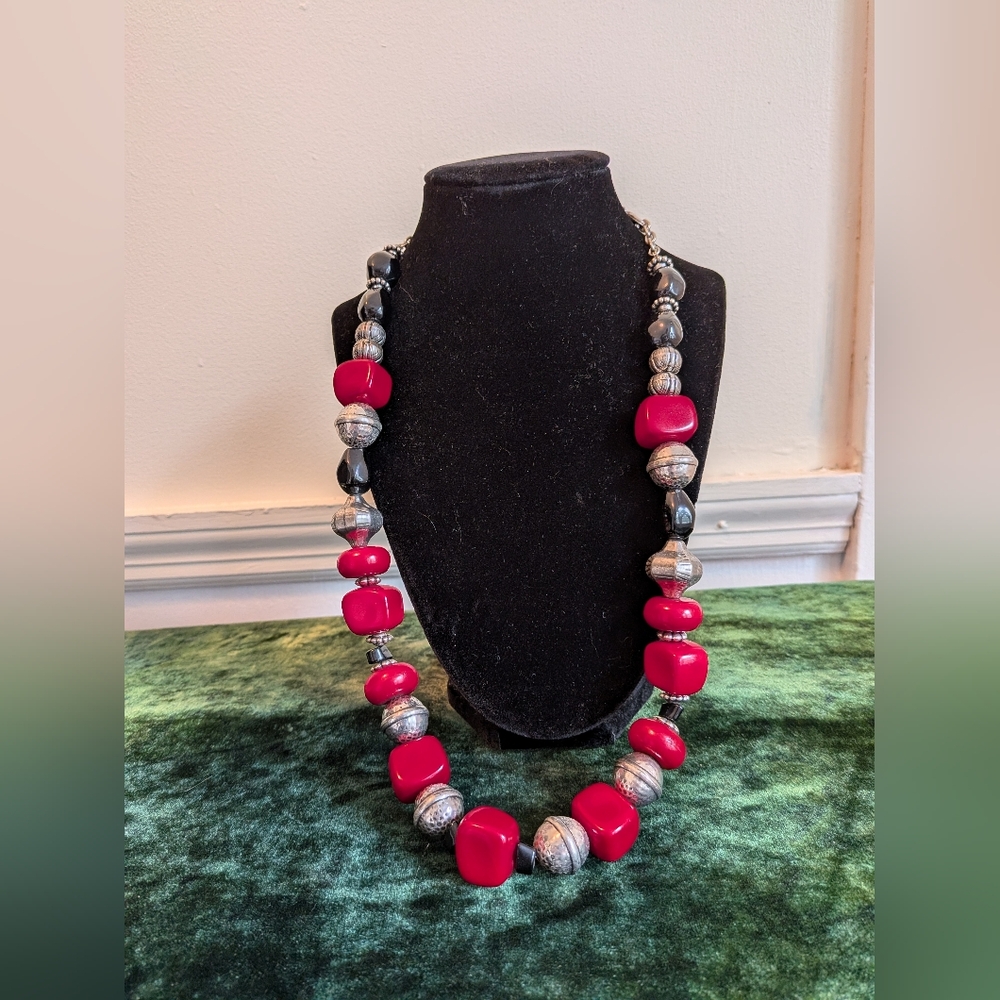 Vintage Chico's Statement Red and Silver Beaded Necklace